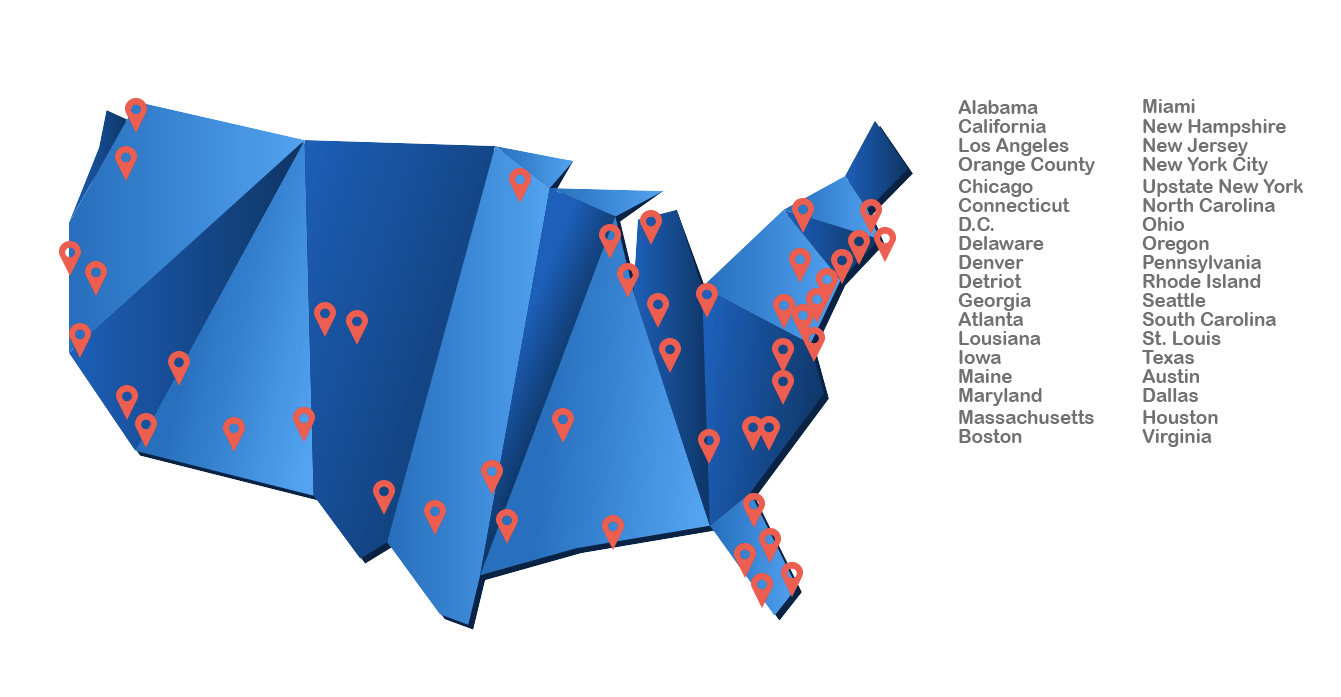 Next Level Marketing Operates in the following markets: Alabama, California, Los Angeles, Orange County, Chicago, Connecticut, D.C., Delaware, Denver, Detriot, Georgia, Atlanta, Lousiana, lowa, Maine, Maryland, Massachusetts, Boston, Miami, New Hampshire, New Jersey, Upstate New York, North Carolina, Ohio, Oregon, Pennsylvania, Rhode Island, Seattle, South Carolina, St. Louis, Texas, Austin, Dallas, Houston and Virginia.